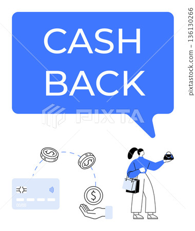 Financial incentives, shopping benefits, money management, rewards system, transaction savings, e-commerce perks. Woman holding a wallet, card and coins. Cashback and money management concept Financial incentives, shopping benefits, money management, rewards system, transaction savings, e-commerce perks. Woman holding a wallet, card and coins. Cashback and money management concept 136130266