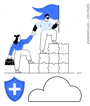Team building, leadership, problem solving, collaboration, security, cloud services. Two people with a flag climbing puzzle blocks. Teamwork and leadership concepts 136130283