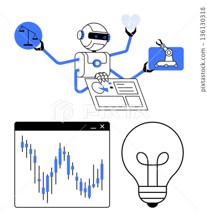 Artificial intelligence, innovation, technology, analytics, automation, decision-making. Robot processing data, light bulb chart robot arms with symbols. Artificial intelligence and innovation Artificial intelligence, innovation, technology, analytics, automation, decision-making. Robot processing data, light bulb chart robot arms with symbols. Artificial intelligence and innovation 136130318