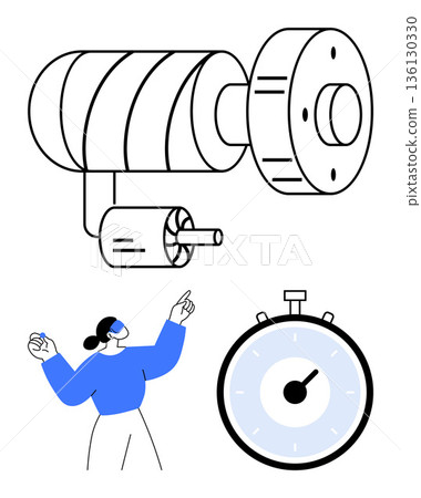 Virtual reality, technological innovation, process timing, mechanical engineering, industry 4.0, automation. Person using VR headset mechanical machine and stopwatch. Virtual reality Virtual reality, technological innovation, process timing, mechanical engineering, industry 4.0, automation. Person using VR headset mechanical machine and stopwatch. Virtual reality 136130330