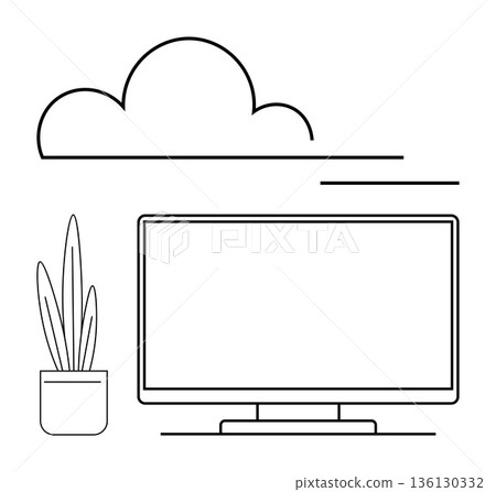 Cloud storage, remote work, environmental design, technology, workspace organization, software services. Minimalist line art of a cloud, desktop monitor and potted plant. Cloud computing and remote 136130332