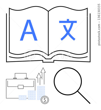 Language learning, international communication, global business, data analysis, financial growth, education. Open book with language symbols and business icons. Language learning and international 136130335