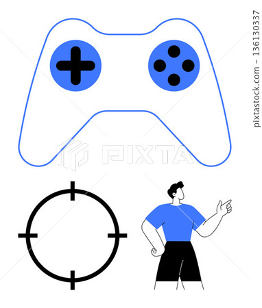 Gaming, technology education, skill improvement, game design, entertainment, user experience. A gaming controller, target symbol and a character in vibrant shapes. Gaming and technology education Gaming, technology education, skill improvement, game design, entertainment, user experience. A gaming controller, target symbol and a character in vibrant shapes. Gaming and technology education 136130337