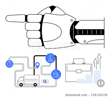 Robotics, supply chain, logistics, automation, business planning, technology integration. Robotic hand pointing, supply chain map truck and business growth icons. Robotics and supply chain concept Robotics, supply chain, logistics, automation, business planning, technology integration. Robotic hand pointing, supply chain map truck and business growth icons. Robotics and supply chain concept 136130338