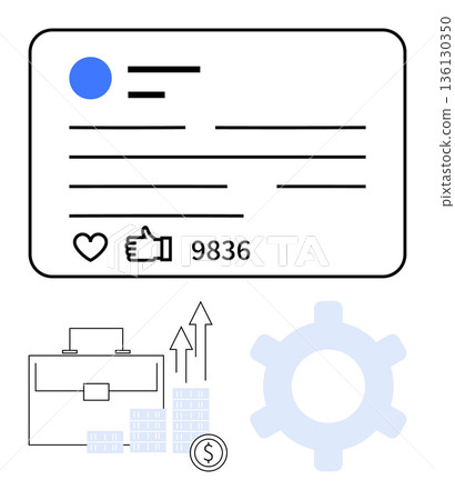 Social media metrics, business growth, analytics, marketing strategy, data visualization, performance tracking. A card with thumbs ups and shares, business elements and a gear icon. Social media Social media metrics, business growth, analytics, marketing strategy, data visualization, performance tracking. A card with thumbs ups and shares, business elements and a gear icon. Social media 136130350