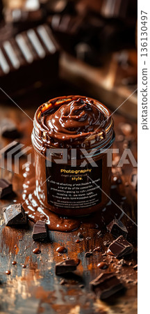 Rich chocolate spread in a glass jar surrounded by chocolate pieces and drizzled sauce Rich chocolate spread in a glass jar surrounded by chocolate pieces and drizzled sauce 136130497