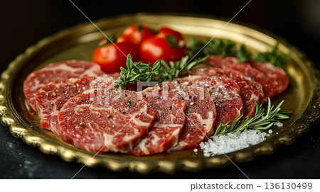 Freshly sliced marbled beef arranged on a decorative platter with herbs and cherry tomatoes Freshly sliced marbled beef arranged on a decorative platter with herbs and cherry tomatoes 136130499