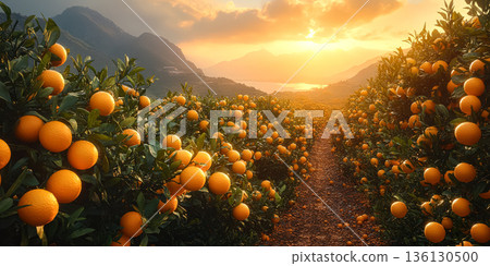 Lush orange orchard at sunset with vibrant fruits and scenic mountain backdrop Lush orange orchard at sunset with vibrant fruits and scenic mountain backdrop 136130500
