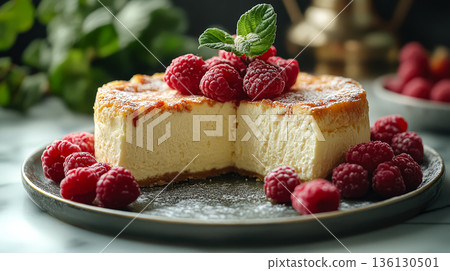 Creamy cheesecake topped with fresh raspberries and mint leaves on a decorative plate Creamy cheesecake topped with fresh raspberries and mint leaves on a decorative plate 136130501