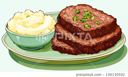 Meatloaf slices served with creamy mashed potatoes on a decorative plate with garnish Meatloaf slices served with creamy mashed potatoes on a decorative plate with garnish 136130502