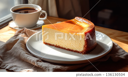 Delicious cheesecake slice on a white plate with coffee cup and soft natural lighting ambiance Delicious cheesecake slice on a white plate with coffee cup and soft natural lighting ambiance 136130504
