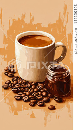 Coffee cup with aromatic beverage and jar of chocolate spread on a textured background Coffee cup with aromatic beverage and jar of chocolate spread on a textured background 136130508