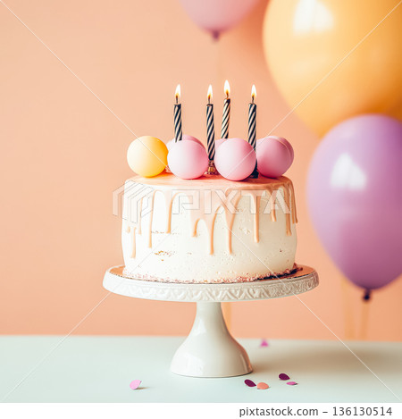Colorful birthday cake with candles and balloons on a pastel background for celebration Colorful birthday cake with candles and balloons on a pastel background for celebration 136130514