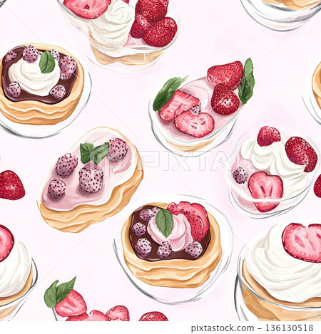 Colorful dessert illustration featuring various pastries topped with fresh strawberries and cream Colorful dessert illustration featuring various pastries topped with fresh strawberries and cream 136130518