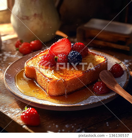 Delicious French toast topped with fresh strawberries and blueberries drizzled with syrup Delicious French toast topped with fresh strawberries and blueberries drizzled with syrup 136130537