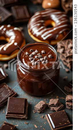 Rich chocolate spread in jar surrounded by assorted chocolate bars and glazed donuts 136130543