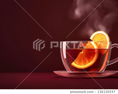 Hot tea in a clear glass cup with orange slices and steam against a dark background Hot tea in a clear glass cup with orange slices and steam against a dark background 136130547