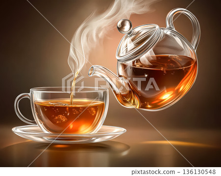 Glass teapot pouring steaming tea into a clear cup on a reflective surface with warm tones Glass teapot pouring steaming tea into a clear cup on a reflective surface with warm tones 136130548