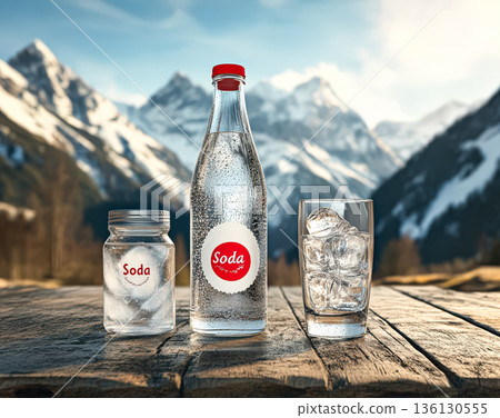 Refreshing soda bottle and glass with ice on wooden table against majestic mountain backdrop Refreshing soda bottle and glass with ice on wooden table against majestic mountain backdrop 136130555