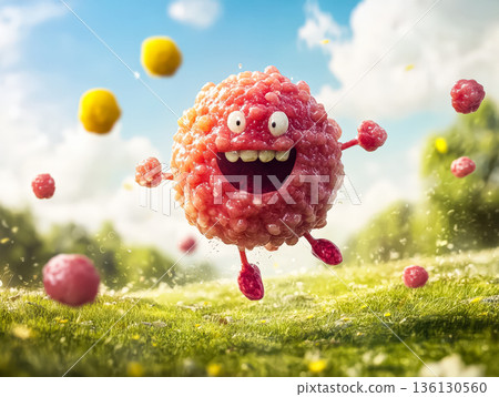 Colorful cartoon character with a big smile jumping joyfully in a vibrant outdoor setting 136130560