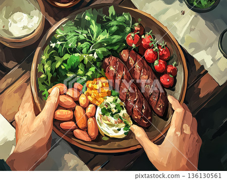 Hands holding a wooden plate filled with colorful vegetables and grilled meat for a delicious meal 136130561