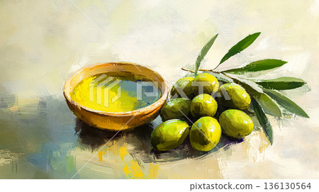 Olive oil in a bowl with fresh green olives and leaves on a textured background 136130564