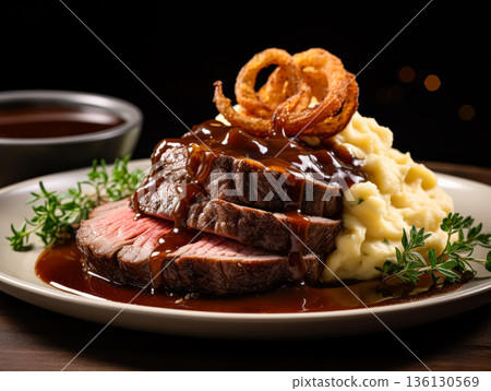 Juicy beef steak with rich gravy, creamy mashed potatoes, and crispy onion rings on a plate Juicy beef steak with rich gravy, creamy mashed potatoes, and crispy onion rings on a plate 136130569