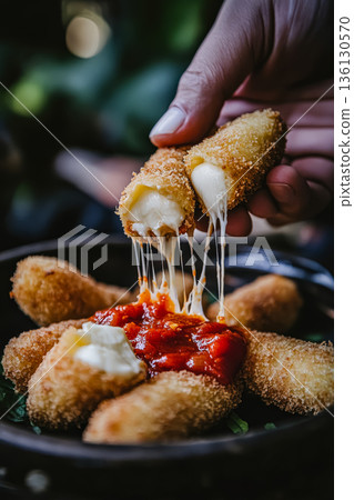 Hand holding crispy cheese sticks with melted cheese and tomato sauce on a dark plate Hand holding crispy cheese sticks with melted cheese and tomato sauce on a dark plate 136130570