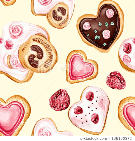 Colorful heart-shaped cookies and pastries arranged on a light background for festive occasions Colorful heart-shaped cookies and pastries arranged on a light background for festive occasions 136130573