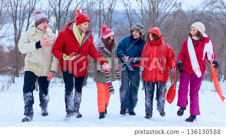 Group of friends walking together through snowy park. 136130588