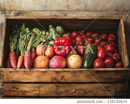 Wooden crate filled with a variety of vegetables including carrots, tomatoes Wooden crate filled with a variety of vegetables including carrots, tomatoes 136130624