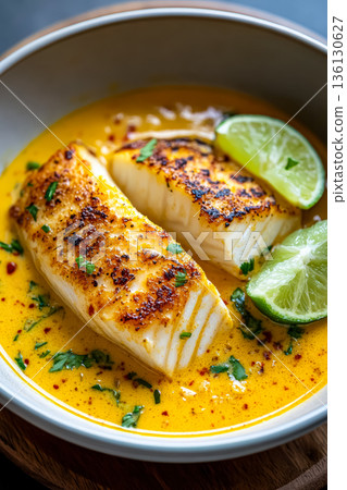 Bowl of food with fish and lime slices Bowl of food with fish and lime slices 136130627