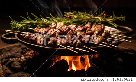 Pan of meat is being cooked over a fire Pan of meat is being cooked over a fire 136130631