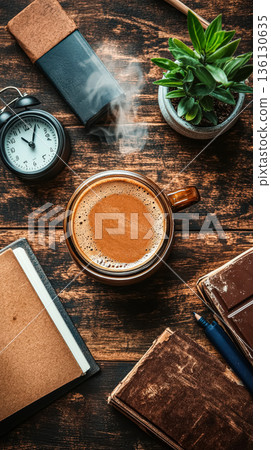 Mug of coffee sits on a wooden table with a clock and a book 136130635