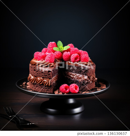 Slice of chocolate cake with raspberries on top 136130637
