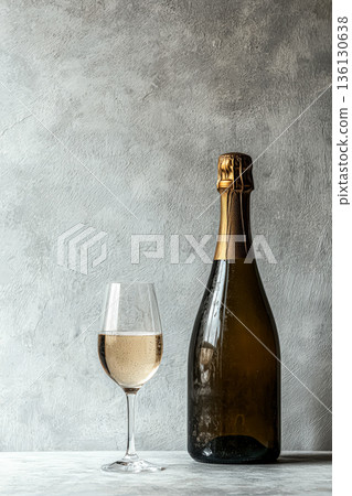 Bottle of champagne next to a wine glass 136130638