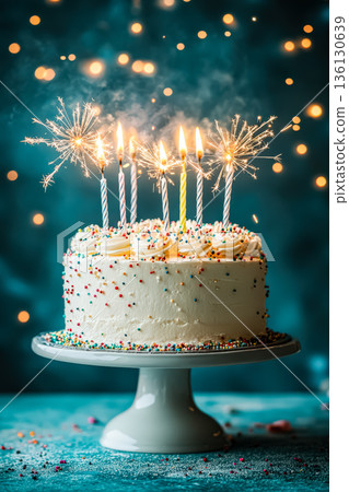 Cake with five lit candles on it 136130639