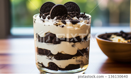 Glass of dessert with a layer of oatmeal cookies on top 136130640