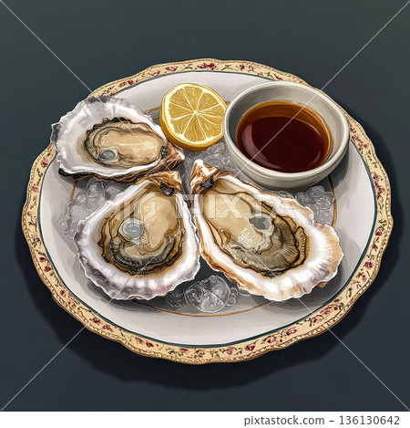 Plate of oysters with a small bowl of sauce and a lemon wedge 136130642