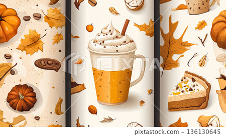 Three images of a pumpkin, a pie, and a cup of coffee 136130645