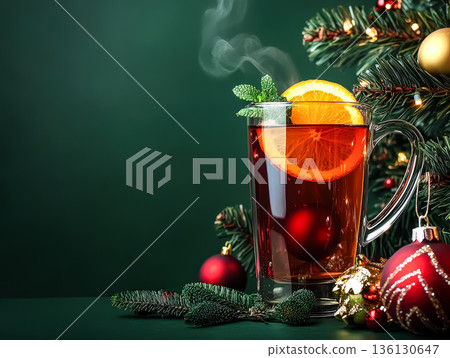 Glass of tea with a slice of orange in it is on a green background 136130647