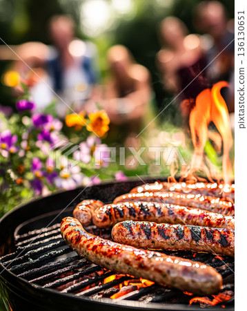 Group of people are gathered around a grill with hot dogs on it Group of people are gathered around a grill with hot dogs on it 136130651