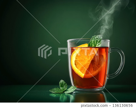 Cup of tea with a slice of orange and a sprig of mint Cup of tea with a slice of orange and a sprig of mint 136130656