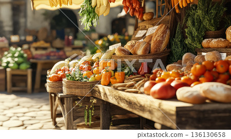 Market with a variety of fruits and vegetables, including tomatoes, oranges 136130658