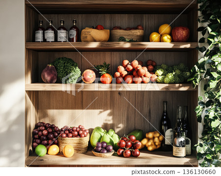 Wooden shelf with a variety of fruits and vegetables, including apples 136130660