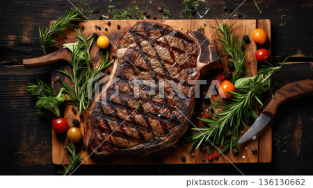 Large steak is sitting on a wooden cutting board with a variety of herbs 136130662