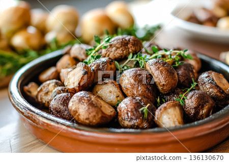 Bowl of mushrooms with herbs on top 136130670