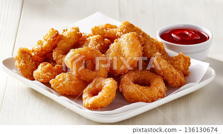 Plate of fried doughnuts with a red ketchup bottle on the right Plate of fried doughnuts with a red ketchup bottle on the right 136130674