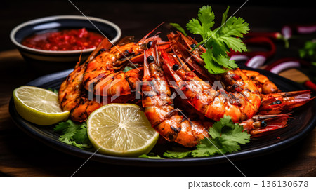 Plate of shrimp and lime on a wooden table Plate of shrimp and lime on a wooden table 136130678
