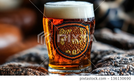 Glass of beer with a design on it sits on a blanket 136130690